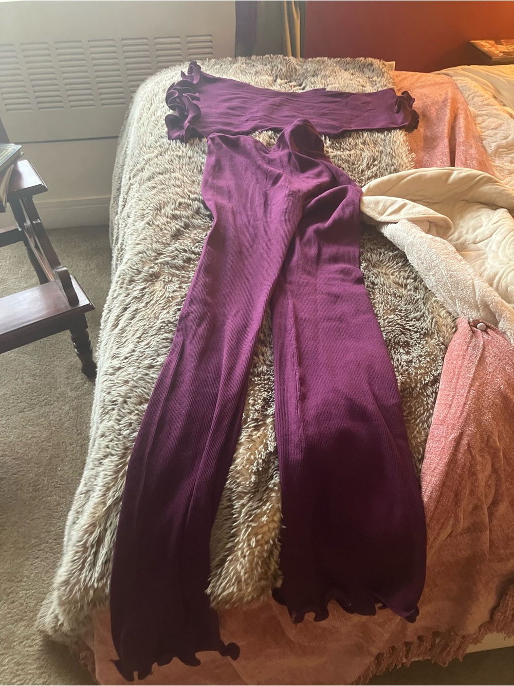 Meshki Ribbed Ruffle-Hem Tank & Flare Set - Plum - Picture 2 of 3